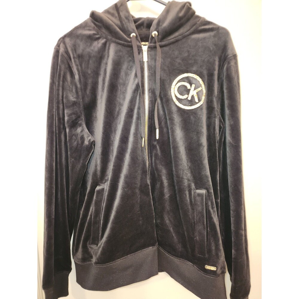 Calvin Klein Women's Velour Logo Zip Hoodie Black Size Large Black Gold